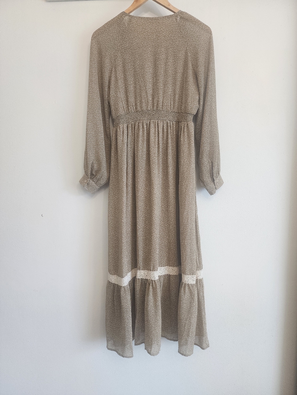 Shop Stevie Medium Taupe Floral Lace Trim Tiered Maxi Dress - Picture 6 of 12